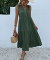 Detail of deep V-neckline with wooden buttons on a forest green sleeveless maxi dress - S / Dresses / Green