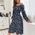 Elegantes schulterfreies langärmeliges Midikleid in Dunkelblau mit floralem Print - S / Königsblau