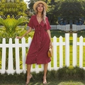 Rotes Polka-Dot-Midikleid im französischen Stil mit V-Ausschnitt und Schmetterlingsärmeln - S / Burgunderrot