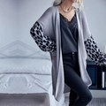 Light gray knit cardigan with stylish leopard print patchwork sleeves for women - S / Gray