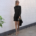 Elegant black long-sleeve dress with asymmetrical fishtail hem and ruffled cuffs - S / Black
