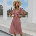 Polka dot deep V-neck midi dress in dusty rose with bow tie and button front detail - Pink