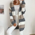 Damen Strickjacke lang ohne Knöpfe mit herbstlichem Streifenmuster in Blockfarben-Optik - S / Off-White