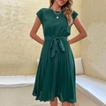 Elegante abito a pieghe verde scuro con scollo rotondo e cintura in vita - S / Verde Scuro
