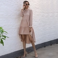 Elegant beige high neck long sleeve tiered dress with ruffled cuffs and asymmetrical hem - S / Khaki