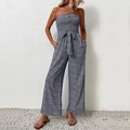 Navy blue floral strapless jumpsuit with waist tie and wide leg cut for summer - Navy Blue