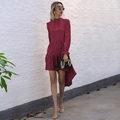 Elegant wine red tiered cake dress with long sleeves and asymmetrical fishtail hemline - S / Burgundy