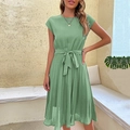 Short sleeve sage green pleated dress with crew neck and waist tie for women - Mint Green