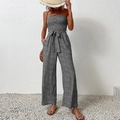Floral print strapless wide-leg jumpsuit with front buttons and waist tie detail - Black