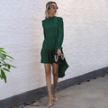Dark green satin high-neck dress with layered ruffles and asymmetrical hemline - S / Dark Green