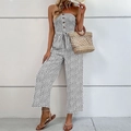Women's strapless wide leg jumpsuit in white with black leopard print and waist tie - White