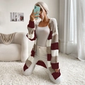 Damen Strickjacke mit langen Ärmeln und Streifenmuster in Rot, Khaki und Beige - S / Rot & Weiß