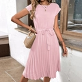 Pink short sleeve pleated midi dress with adjustable waist tie for summer fashion - Pink