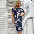 Short sleeve floral print t-shirt dress with adjustable drawstring waist in navy blue - S / Navy Blue