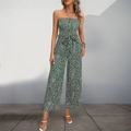 Women's forest green floral smocked strapless jumpsuit with bow waist and wide leg - Dark Green