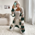 Cardigan lungo da donna a righe verde scuro e beige, maglia aperta senza bottoni casual - S / Verde