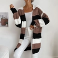 Long-sleeved open cardigan with classic black, white, and brown horizontal stripes - Brown