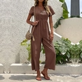 Deep coffee V-neck wide-leg jumpsuit with buttons and waist-defining fit for summer - S / Coffee Brown