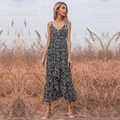 Abito lungo nero con stampa floreale bianca, spalline sottili e scollo a V stile bohémien - L / Nero