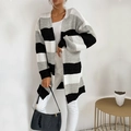 Long-line open front color-block knit cardigan in black white and grey stripes - Black and Gray
