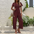 Short sleeve V-neck wide leg jumpsuit in wine red with button details for summer - S / Burgundy
