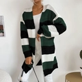 Women's long-sleeve knit cardigan featuring green, black and white horizontal stripes - Dark Green