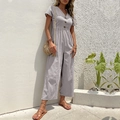 Tuta in lino grigio chiaro a gamba larga con scollo a V e bottoni decorativi - Grigio