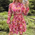 Floral print mini dress with ruffle neck and tie waist in pink floral chiffon - S / Red