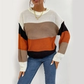 Maglione casual in maglia girocollo con design color block e spalle scese da donna - S / Cachi