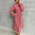 Elegant red ditsy floral midi dress with high neck, long sleeves, and belted waist tie - S / Burgundy