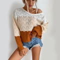 Women's hollow knit sweater in color block white, beige, and caramel with wave texture - S / Khaki (Tri-Color Patchwork)