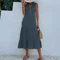 Grayish blue V-neck sleeveless tiered maxi dress with wood buttons for summer - S / Dresses / Dark Gray