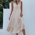 Beige sleeveless V-neck tiered maxi dress with decorative buttons for summer wear - S / Dresses / Apricot