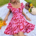 Floral backless ruffle tiered summer dress with puff sleeves in pink and red tones - XL / Red