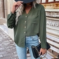 Camisa de mujer verde militar de manga larga con bolsillos y cuello en V estilo casual - S / Verde Militar