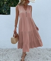 Pink sleeveless V-neck maxi dress with wooden buttons and tiered cake skirt detail - M / Dresses / Pink