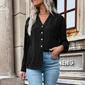 Camisa casual negra de manga larga para mujer con cuello en V y bolsillos dobles - S / Negro