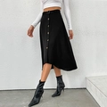 Elegant black A-line midi skirt with wooden buttons and matching tie belt for women - S / Black