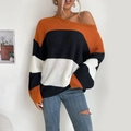 Pull en maille rayée pour femme, coupe ample, avec blocs de couleurs orange et noir - S / Bloc de Couleur Orange Blanc Noir