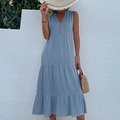 Light blue V-neck sleeveless maxi dress with buttons and tiered ruffle skirt - S / Dresses / Light Blue