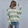 Women's loose mint green and white striped knit sweater with drop shoulder and round neck - S / Green