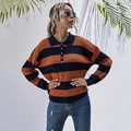 Top de punto polo para mujer con mangas largas y rayas naranjas y azul marino - S / Naranja Azul