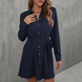 Elegante vestido camisero azul marino de manga larga con cuello de solapa y cinturón - S / Azul Marino