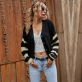 Women's casual black knit cardigan with beige striped sleeves and amber buttons - S / Black