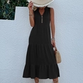 Sleeveless black V-neck maxi dress with button detail and layered bohemian skirt - S / Dresses / Black
