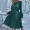 Deep green leopard print long sleeve pleated dress with waist tie and ruffle cuffs - Dark Green