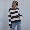 Women's casual loose crew neck sweater featuring classic black and white horizontal stripes - S / Black