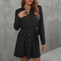 Vestido camisero clásico negro de manga larga con cuello de solapa y cinturón ajustable - M / Negro