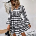Women's V-neck striped print dress with ruffle sleeves and geometric patterns - S / Black & White