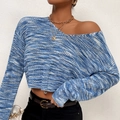 Women's V-neck cropped knit sweater featuring blue and white gradient marl effect - S / Blue Mixed Colors